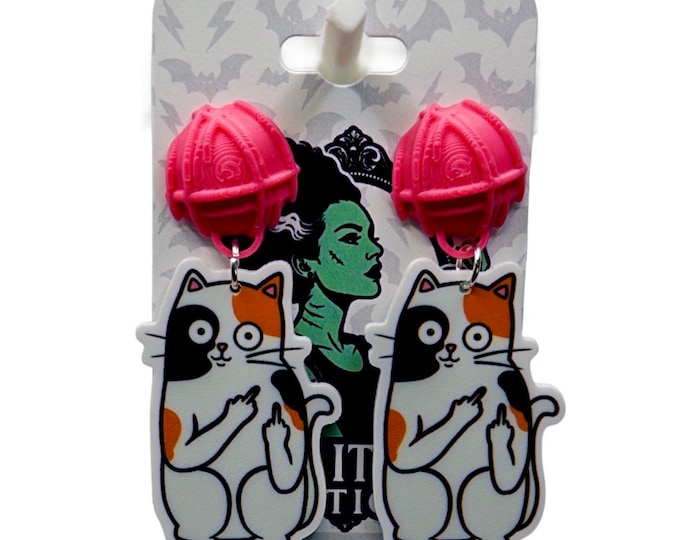Middle Finger Cat Earrings, Sassy Catlady, Hot Pink Yarn Accent