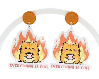 Funny Cat Coffee Earrings, Everything Is Fine Chaos Design, Acrylic Statement Earrings