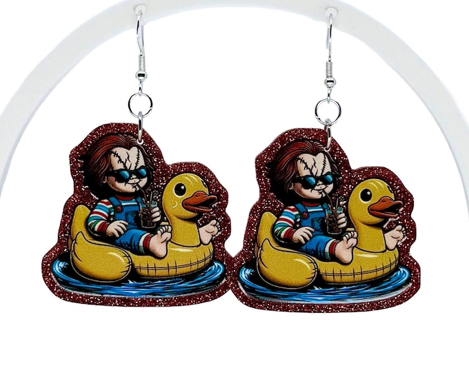 Horror Doll Rubber Duck Earrings: Glitter Acrylic, Creep It Real