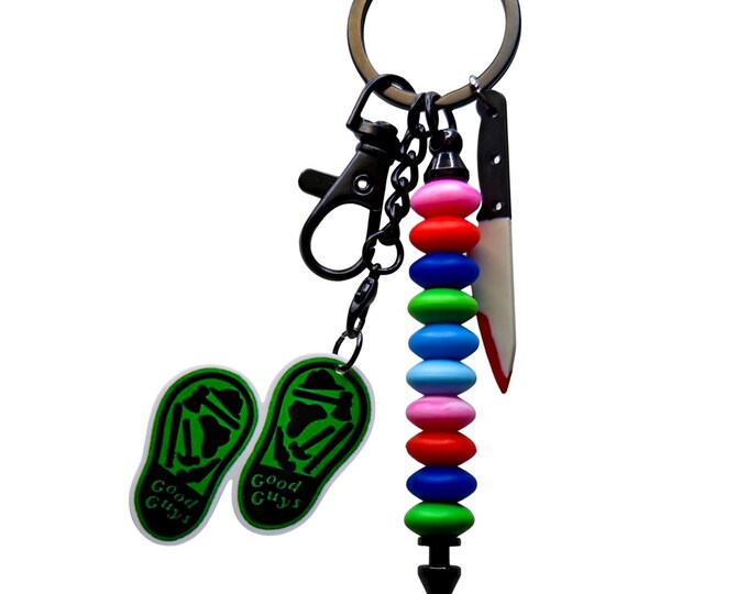 Horror Doll Bag Charm, Skeleton Feet, Knife, Rainbow Beads, Spooky Keychain