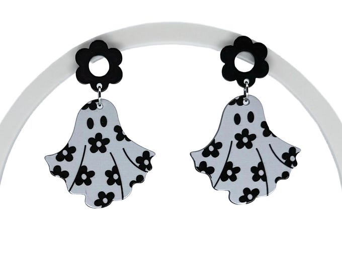 Flower Power Ghost Acrylic Drop Earrings, Spooky Season Jewelry