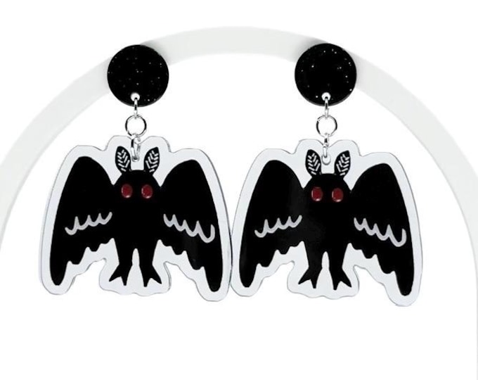 Mothman Earrings, Black Winged Creature, Red Eyes, Gothic Halloween Jewelry, Horror Earrings