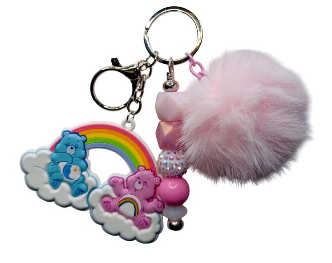 Rainbow Bear Keychain, Pastel Faux Fur Pom Pom Bag Charm