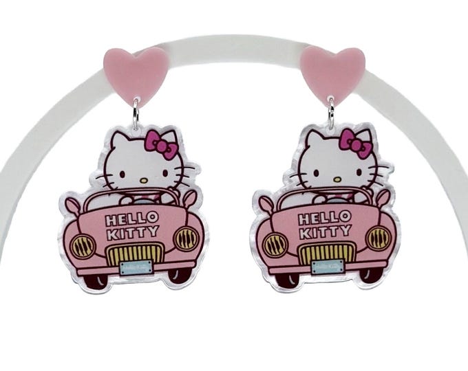 HK Inspired Earrings, Kawaii Cat Car Earrings: Pink Heart Studs, Acrylic Jewelry