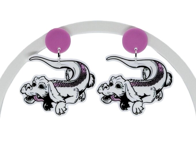 Ghost Pup Dragon Earrings, Spooky Acrylic Statement Jewelry, 80s Fantasy Style