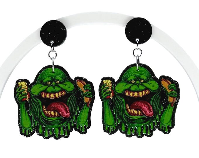 Slimy Ghost Inspired Earrings, Retro, Funky Earrings, Black Glitter Resin