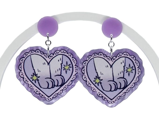Purple Heart Cat Paw Earrings, Spooky Statement Accessory