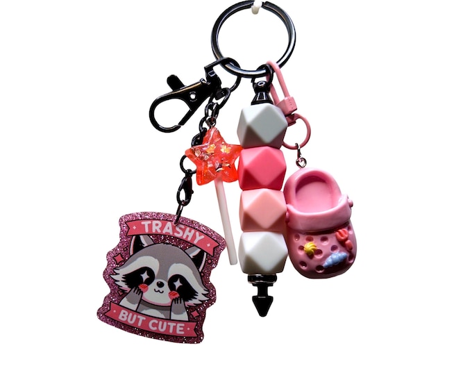 Raccoon Bag Charm, Pink Croc, Star Lollipop, Bead Stack Keychain