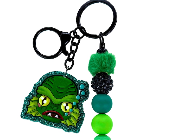Green Glitter Creature Keychain, Retro Monster Bag Charm, Beaded Accessory