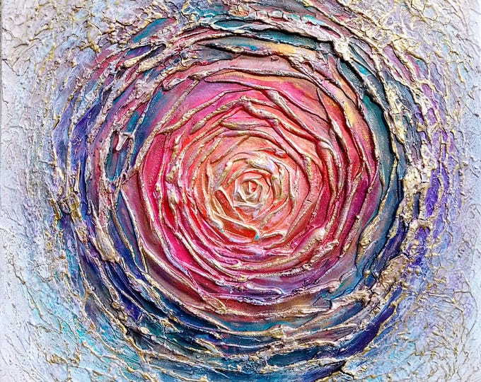 Ice Flower, acrylic painting with structure and gold effects, 39 x 39 cm, ready to hang