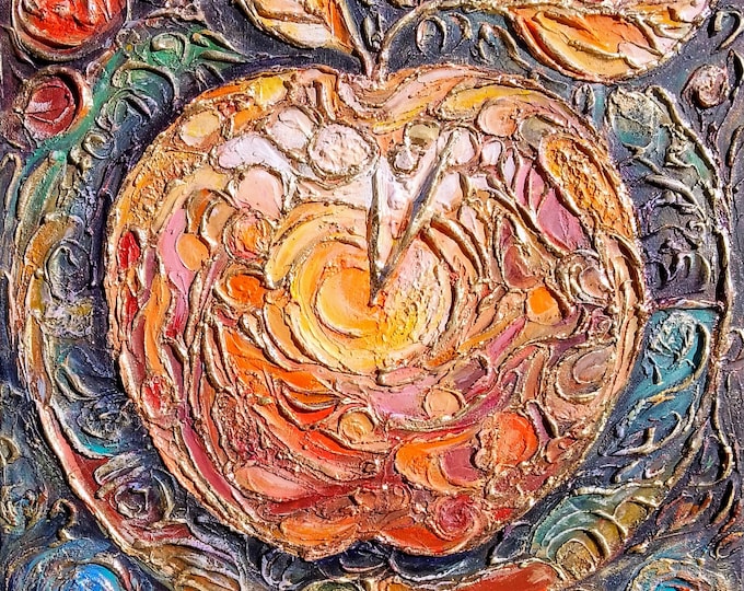 Apple Time, acrylic painting with structure and gold effects, 39 x 39 cm, ready to hang