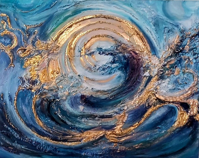 Through the Wave, acrylic painting with structure and gold effects, 50 x 40 cm, ready to hang