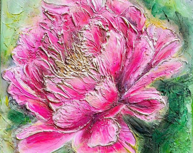 Pink Summer, acrylic painting with structure and gold effects, 39 x 39 cm, ready to hang