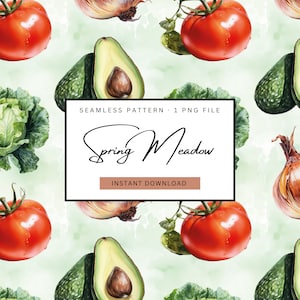 Könnte beinhalten: Nahtloses Muster mit Aquarellillustrationen von frischen Produkten, darunter reife rote Tomaten, Avocados, Zwiebeln und Kohl. Das Design enthält den Text "Spring Meadow" und "Instant Download" auf hellgrünem Hintergrund.