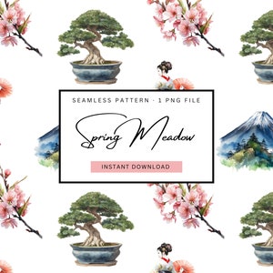 May include: Watercolor seamless pattern featuring Japanese elements. The design includes cherry blossoms, bonsai trees, geishas, and Mount Fuji. The text "Spring Meadow" is displayed in a black frame with "Instant Download" below.