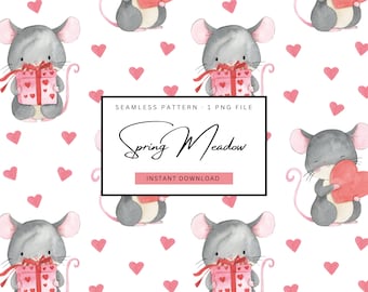 patrón sin fisuras del día de san valentín, lindo patrón de ratón de acuarela, patrón de corazón de acuarela, patrón de repetición de san valentín, patrón de habitación para niños