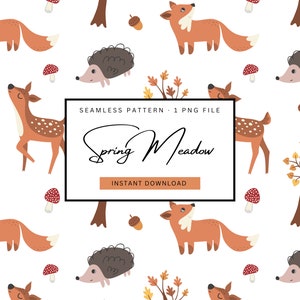 Könnte beinhalten: Ein nahtloses Muster mit Cartoon-Füchsen, Rehen und Igeln im Frühlingswiesen-Design. Das Muster enthält Bäume, Eicheln und Pilze auf weißem Hintergrund. Der Text "Spring Meadow" und "Instant Download" sind ebenfalls vorhanden.