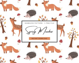 Archivo inconsútil de animales del bosque, bosque en patrón de otoño, patrón de vibraciones otoñales, lindo zorro sin costuras, patrón repetitivo de niños, erizo sin costuras