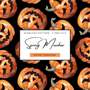 Könnte beinhalten: Nahtloses Muster mit Aquarellillustrationen von orangefarbenen Halloween-Kürbissen mit geschnitzten Gesichtern auf schwarzem Hintergrund. Der Text lautet "Spring Meadow" und "Instant Download". Perfekt für Halloween.
