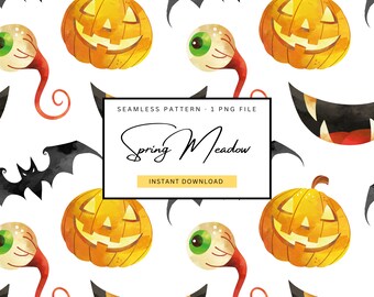 Patrón sin costuras de Halloween, papel digital de Halloween para niños, patrón espeluznante sin costuras, patrón de calabaza de Halloween, archivo de patrón de truco o trato