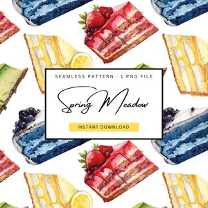 Könnte beinhalten: Aquarell-Nahtlosmuster mit Kuchenstücken mit verschiedenen Belägen, darunter Erdbeeren, Blaubeeren und Zitrone. Das Muster enthält den Text "Spring Meadow" und "Instant Download".