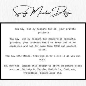 Op de afbeelding: Een zwart-wit afbeelding met de tekst "Spring Meadow Design" in cursief schrift. De afbeelding bevat gebruiksrichtlijnen voor priv&eacute;- en commerci&euml;le projecten, inclusief beperkingen op wederverkoop en print-on-demand sites.