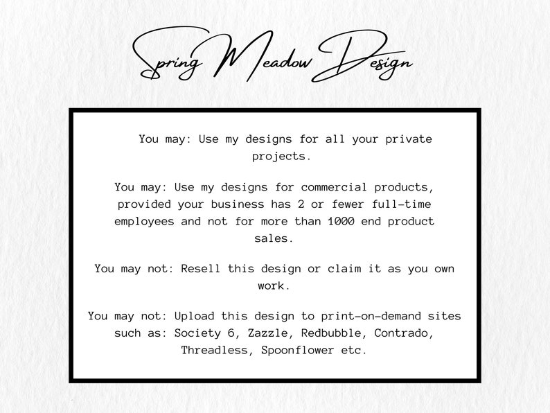 Op de afbeelding: Een zwart-wit afbeelding met de tekst "Spring Meadow Design" in cursief schrift. De afbeelding bevat gebruiksrichtlijnen voor priv&eacute;- en commerci&euml;le projecten, inclusief beperkingen op wederverkoop en print-on-demand sites.