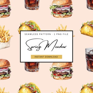 Può includere: Illustrazione di un motivo senza cuciture con hamburger, tacos, patatine fritte e bicchieri di cola su sfondo rosa chiaro. Il testo "Spring Meadow" e "Instant Download" è incluso.