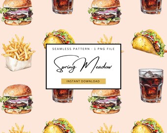 patrón sin costuras de comida rápida, hamburguesa con patrón repetitivo, patrón de papas fritas, patrón sin costuras de tacos, patrón de uso comercial, superficie de papas fritas