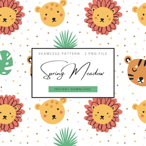 Könnte beinhalten: Nahtloses Muster mit Cartoon-Löwen-, Tiger- und Leoparden-Gesichtern, grünen Blättern und kleinen Punkten auf weißem Hintergrund. Der Text "Spring Meadow" befindet sich in einem schwarzen Rahmen mit "Instant Download" darunter.