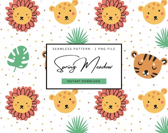 patrón de vivero de la jungla, animales de archivo sin costuras, lindo patrón de habitación para niños, diseño de bebé león, arte de vivero de gatos salvajes, descarga de patrones repetidos