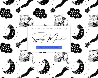 Archivo transparente de la noche boho, patrón de sueño boho, boho blanco y negro, patrón sin costuras para dormir para niños, luna y estrellas boho, patrón de gato lindo