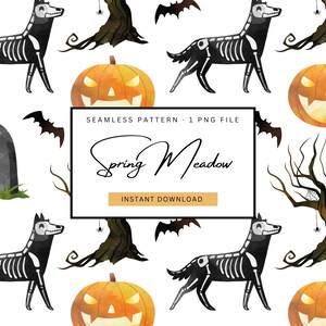 Könnte beinhalten: Nahtloses Muster mit Halloween-Illustrationen. Das Design zeigt einen schwarz-weißen Skeletthund, Kürbisse, Fledermäuse, einen Grabstein und kahle Bäume. Der Text "Spring Meadow" ist ebenfalls vorhanden.