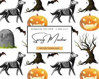 patrón espeluznante sin costuras, arte de Halloween para niños, patrón maravilloso de Halloween, patrón de árbol espeluznante, patrón repetitivo de calabaza