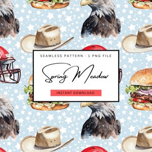 Può includere: Motivo senza cuciture con illustrazioni ad acquerello di un'aquila calva, cappello da cowboy, casco da football americano e hamburger su sfondo azzurro con stelle bianche. Testo "Spring Meadow".