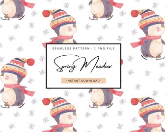 patrón sin costuras de pingüino, lindo patrón de pingüino de acuarela, patrón de navidad para niños, patrón de patinaje sobre hielo repetitivo, patrón de animales para niños