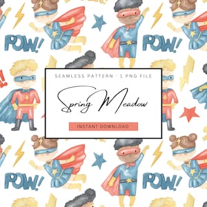 kids superheroes seamless pattern, watercolor comic pattern, repeating kids pattern, cute kids superheroes paper, seamless pattern school