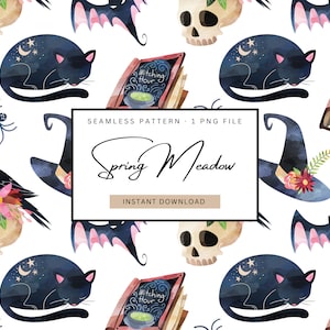 Könnte beinhalten: Ein nahtloses Muster mit Aquarellillustrationen zum Thema Halloween. Das Design umfasst schwarze Katzen, Fledermäuse, Hexenhüte, Totenköpfe, Raben und Zauberbücher. Der Text "Spring Meadow" und "Instant Download" sind ebenfalls vorhanden.
