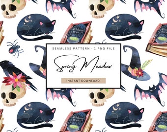 Patrón sin costuras de brujería, patrón espeluznante de halloween, papel digital de brujas, archivo sin costuras de halloween para niños, patrón de sombrero de bruja repetitivo