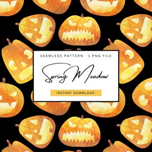 Könnte beinhalten: Nahtloses Muster mit Aquarellillustrationen von orangefarbenen Kürbissen mit geschnitzten Gesichtern auf schwarzem Hintergrund. Das Design enthält den Text "Spring Meadow" und "Instant Download".
