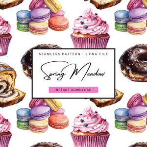 May include: Watercolor seamless pattern featuring cupcakes with pink frosting and blueberries, colourful macarons, chocolate donuts, and slices of bread. The text "Spring Meadow" is displayed in a black frame with "Instant Download".