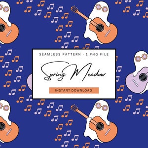 halloween seamless pattern, ghost guitar pattern, halloween music pattern, repeating pattern spooky, groovy ghost pattern, hippie halloween