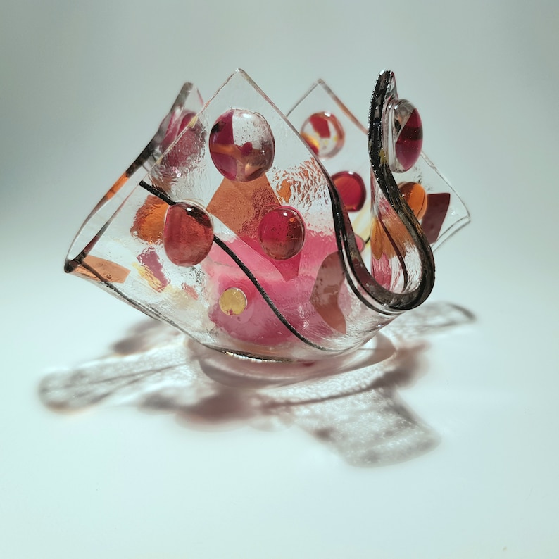 fused glass tea light holder Red