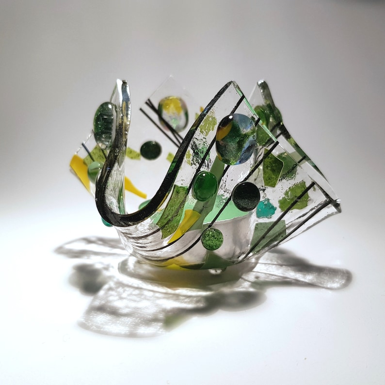 fused glass tea light holder Green