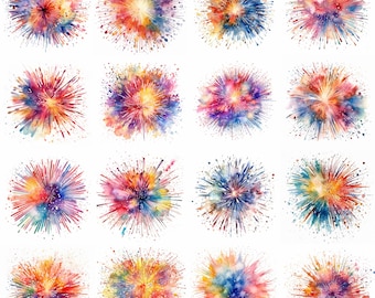Watercolor Fireworks Clipart - 16 High Quality PNGs - Digital Download - Commercial Use - Card Making, Mixed Media, Digital Crafting