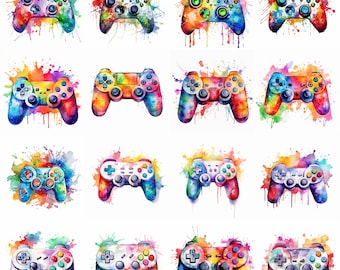 Watercolor Gaming Controller Clipart - 16 High Quality PNGs - Digital Download - Commercial Use - Card Making, Mixed Media, Digital Crafting