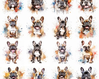 Watercolor French Bulldog Clipart - 16 High Quality PNGs - Digital Download - Commercial Use - Card Making, Mixed Media, Digital Crafting