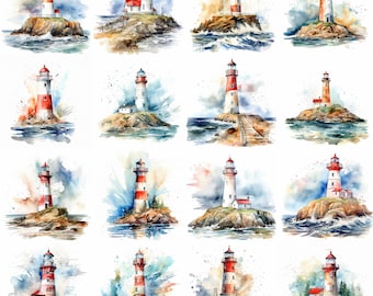 Watercolor Lighthouses Clipart - 16 High Quality PNGs - Digital Download - Commercial Use - Card Making, Mixed Media, Digital Paper Craft