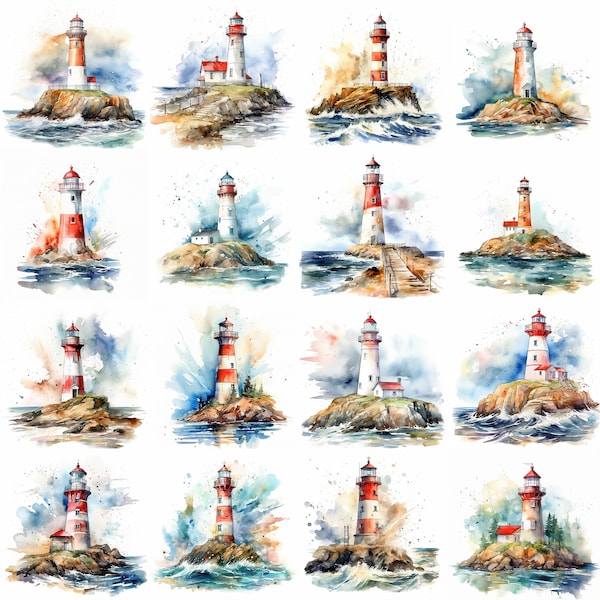 Watercolor Lighthouses Clipart - 16 High Quality PNGs - Digital Download - Commercial Use - Card Making, Mixed Media, Digital Paper Craft