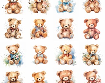 Watercolor Teddy Bear Clipart - 16 High Quality PNGs - Digital Download - Commercial Use - Card Making, Mixed Media, Digital Paper Craft